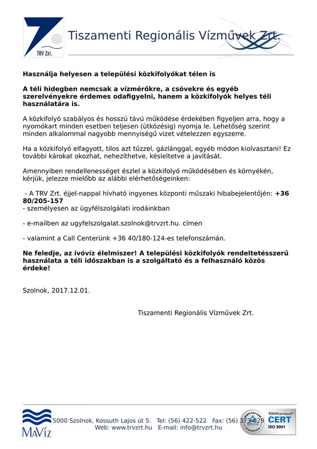 TRV Zrt. tájékoztatója