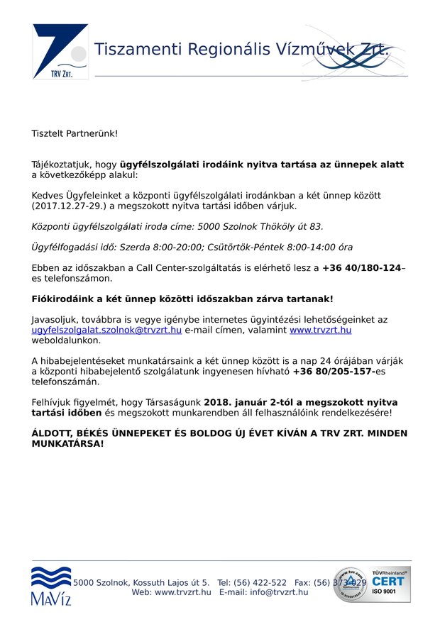 TRV Zrt. tájékoztatója