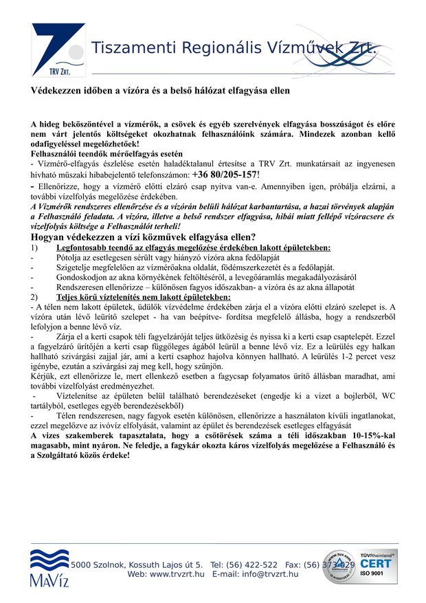 TRV Zrt. tájékoztatója